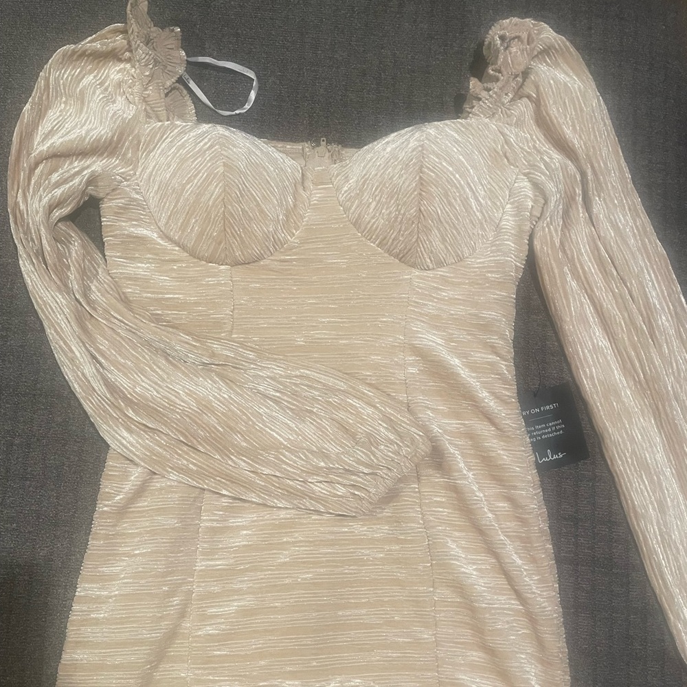 NWT Lulus Celebrate with Me Gold Velvet Bustier Bodycon Long Sleeve Mini Dress L
